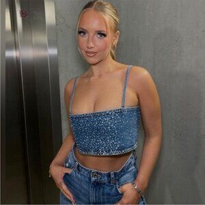 Zara Rhinestone  Jewel Denim Crop Top Blue Blogger Fav Size Small NWT